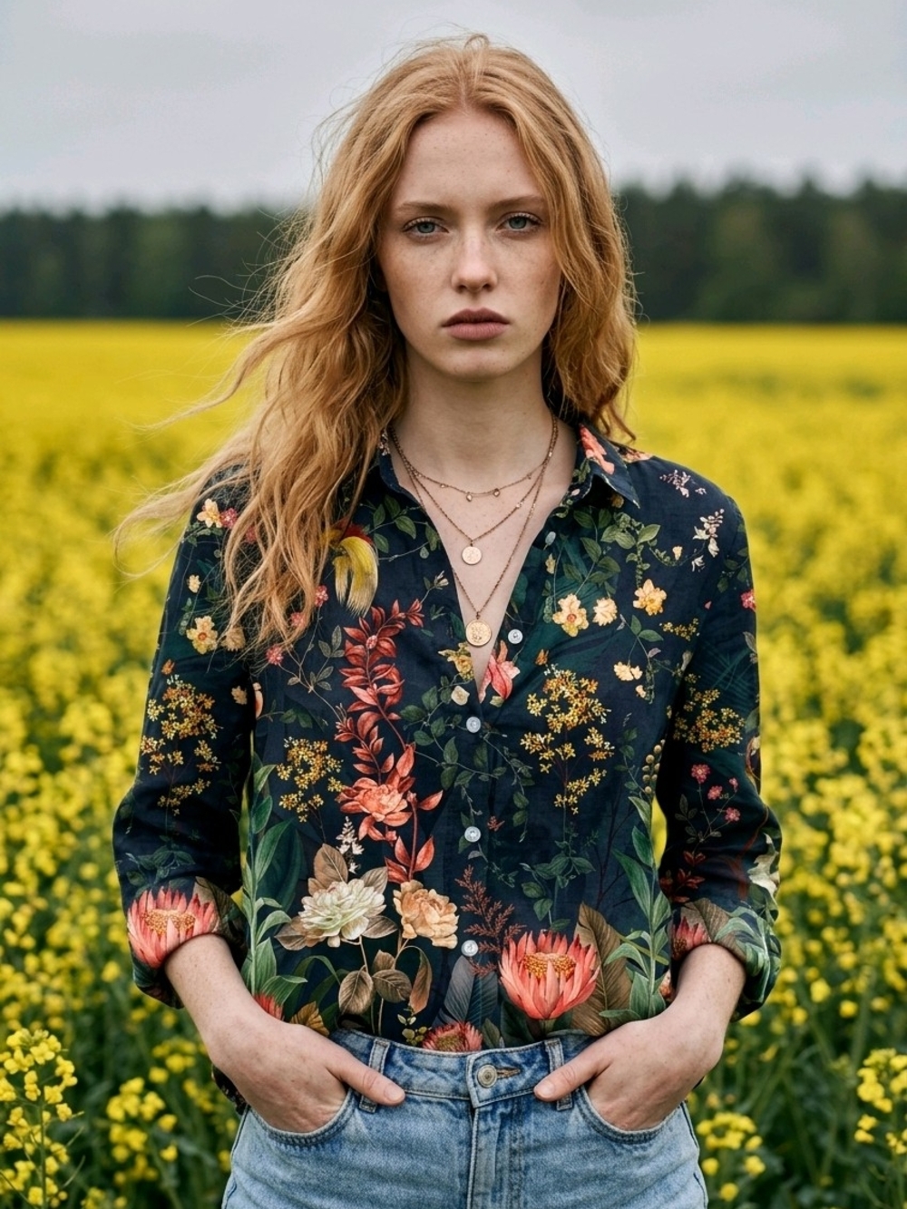 Women's Floral Button-Down Shirt in Dark Navy - Picture 1 of 6